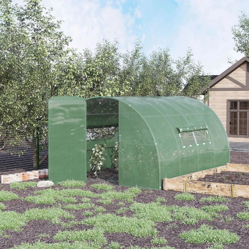 Outsunny Serre de Jardin Tunnel 12 m² 4L x 3l x 2H m Acier galvanisé renforcé + PE Haute densité fenêtres Porte Vert