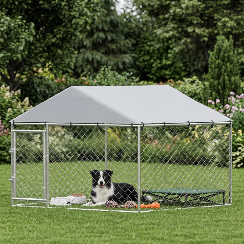 PawHut Recinto per Cani da Esterno in Acciaio Zincato con Tetto in PE, Anti-UV, Impermeabile, Argento