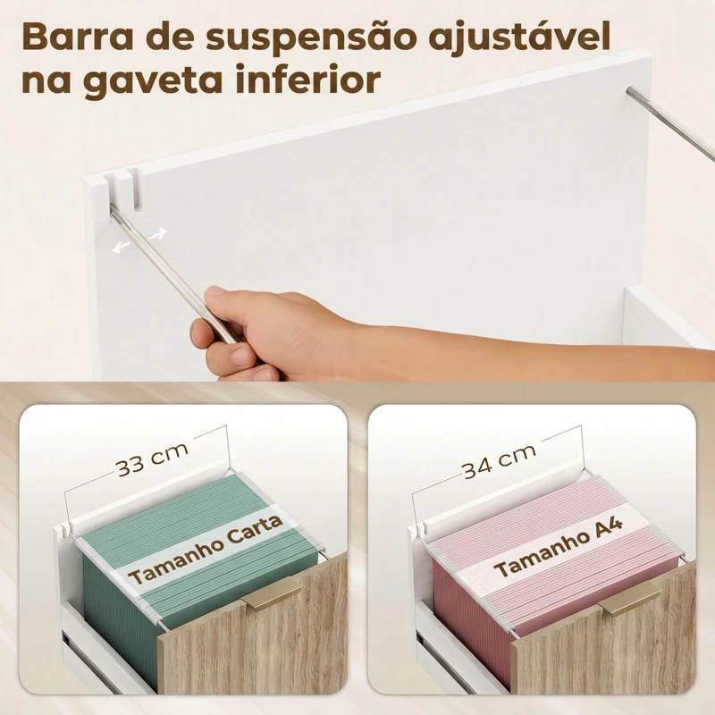 HOMCOM Móvel para Impressora com Rodas 3 Gavetas Barra Ajustável e 2 Prateleiras Abertas para Documentos A4 Branco e Carvalho