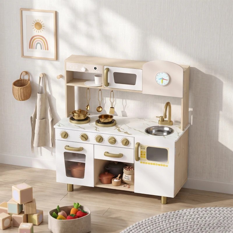 AIYAPLAY Cuisine Enfant en Bois, Dinette Cuisine Enfant avec Ustensiles en Acier Inoxydable, pour 3 à 6 Ans, 74x29x81cm, Blanc