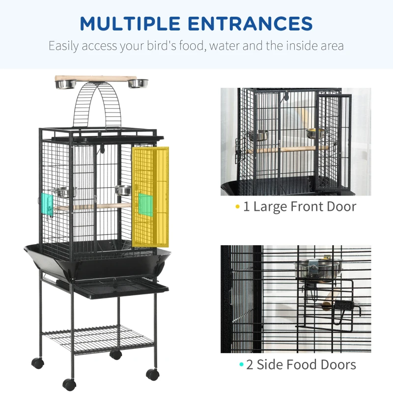PawHut 156cm Bird Cage, Parrot Cage with Open Play Top, Perch, Seed Guard, Wheels, Storage Shelf, Dark Grey