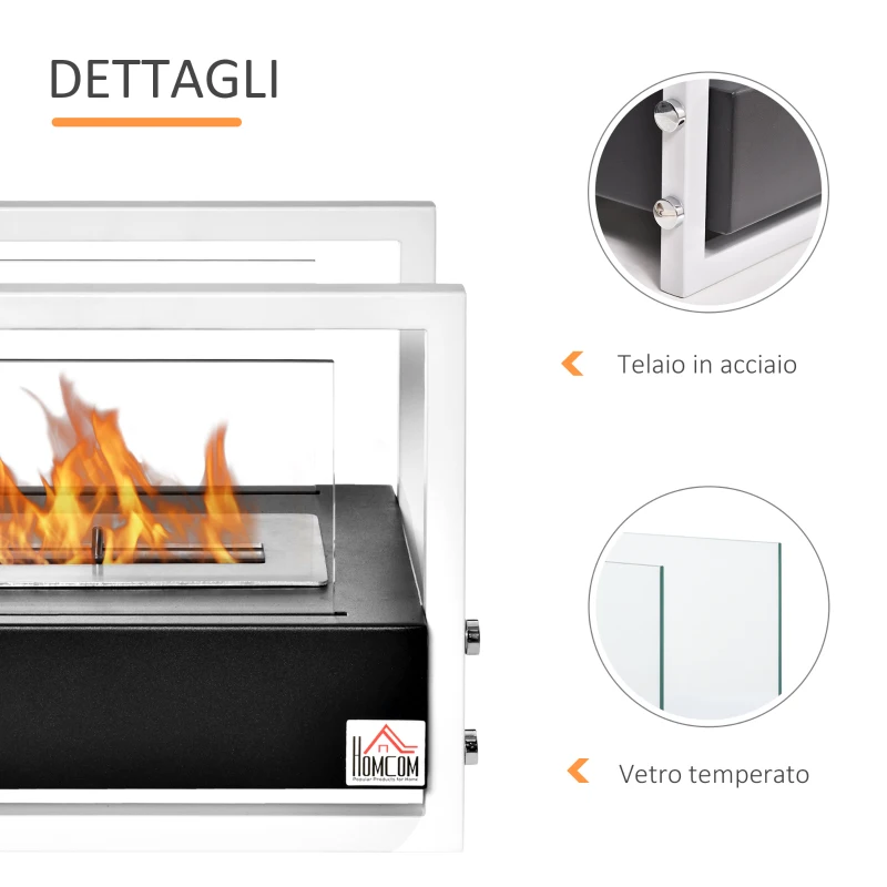 HOMCOM Camino a Bioetanolo Portatile, Biocamino da Tavolo o da Terra in Acciaio e Vetro, Serbatoio da 1.5L, Bianco e Nero
