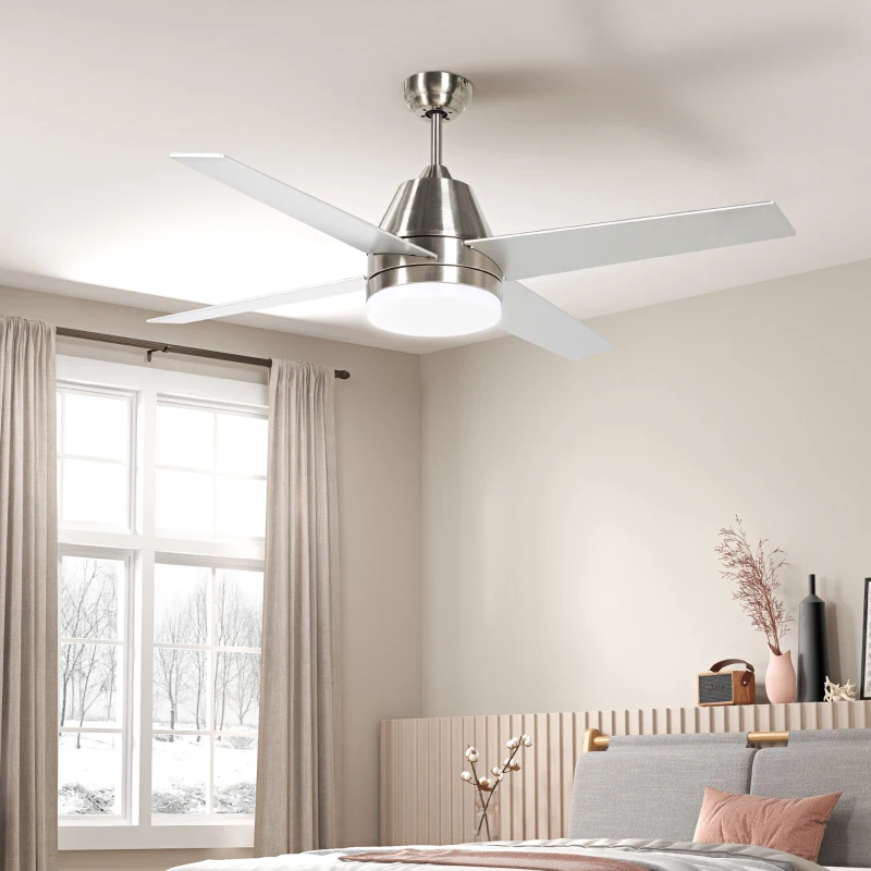 HOMCOM Ventilador de Techo con Luz 46W Ø129 cm Motor DC con 4 Aspas Reversibles Mando a Distancia y Temporizador Plata
