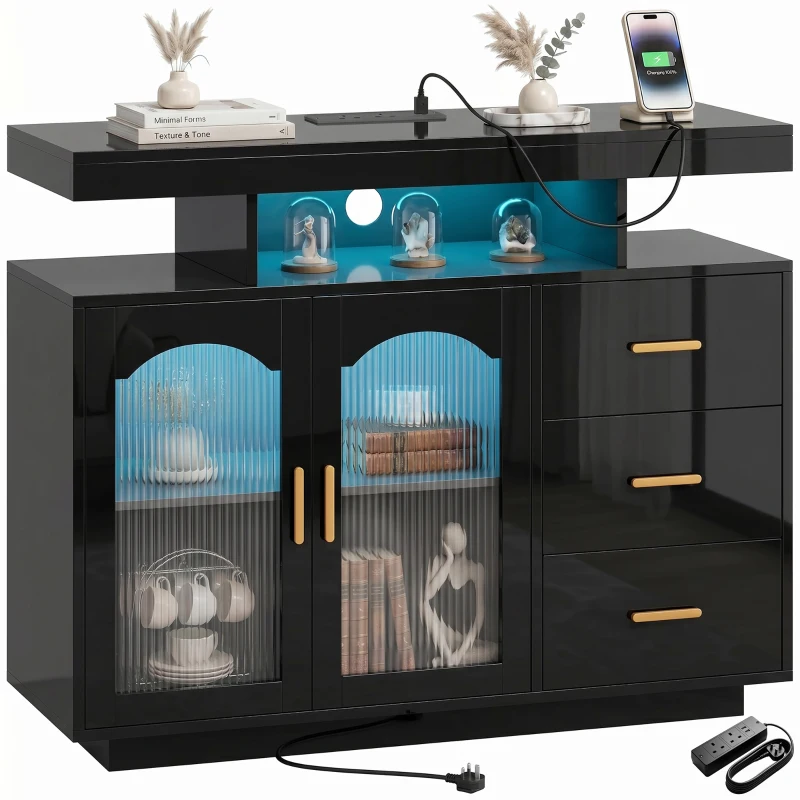 HOMCOM High Gloss Sideboard with LED Lights, Built-in Power Outlets, 3 Drawers, Shelves and 2 Acrylic Doors, Black