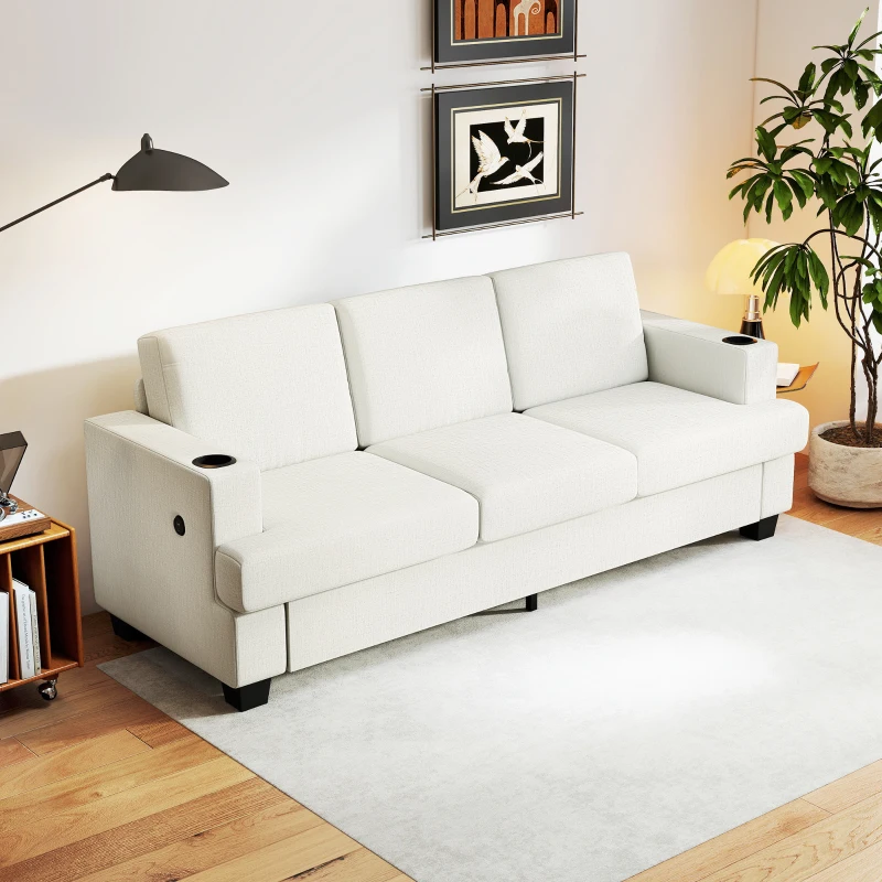 HOMCOM 3 Seater Sofa with USB Ports & Cup Holders - Cream White