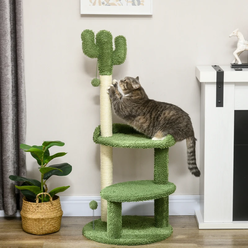 PawHut Albero per Gatti a forma di Cactus con Tiragraffi e 2 Palline da Gioco, 35x31x55.5 cm, Verde e Bianco