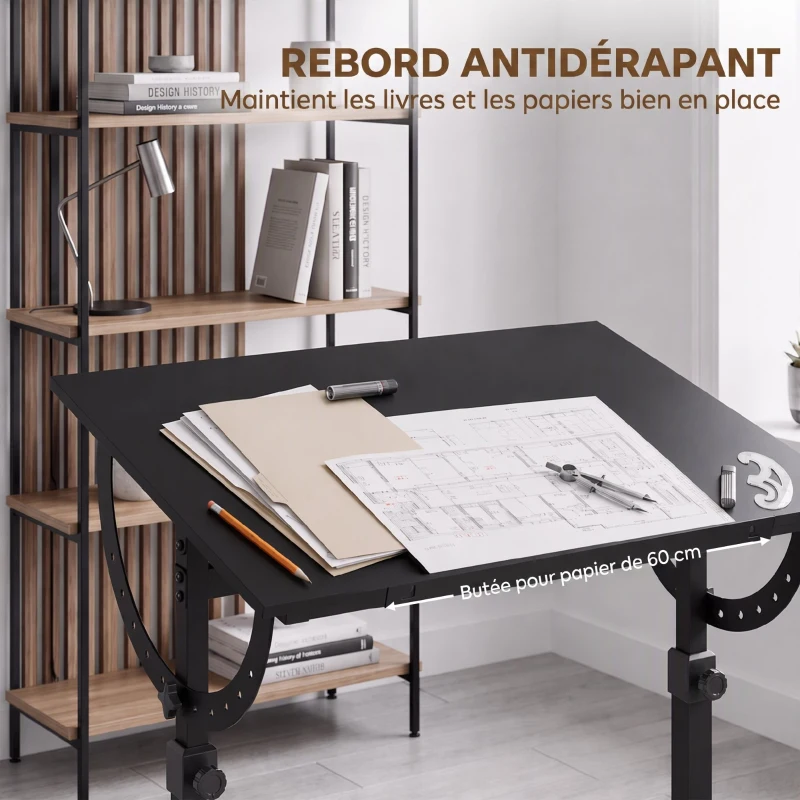 HOMCOM Table à Dessin Inclinable 0°-85°, Bureau à Dessin Réglable en Hauteur avec Rebord Antidérapant, Cadre en Acier, Noir