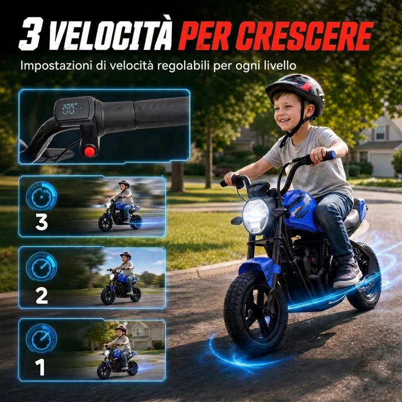AIYAPLAY Moto da Cross Elettrica per Bambini 24V Motore 180W, 6-12 Anni, Pneumatici 30cm in Gomma, Blu