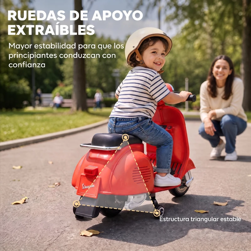 AIYAPLAY Moto Eléctrica para Niños Licencia VESPA Arranque Suave Ruedines Desmontables Luz Delantera Música, Bocina USB Rojo