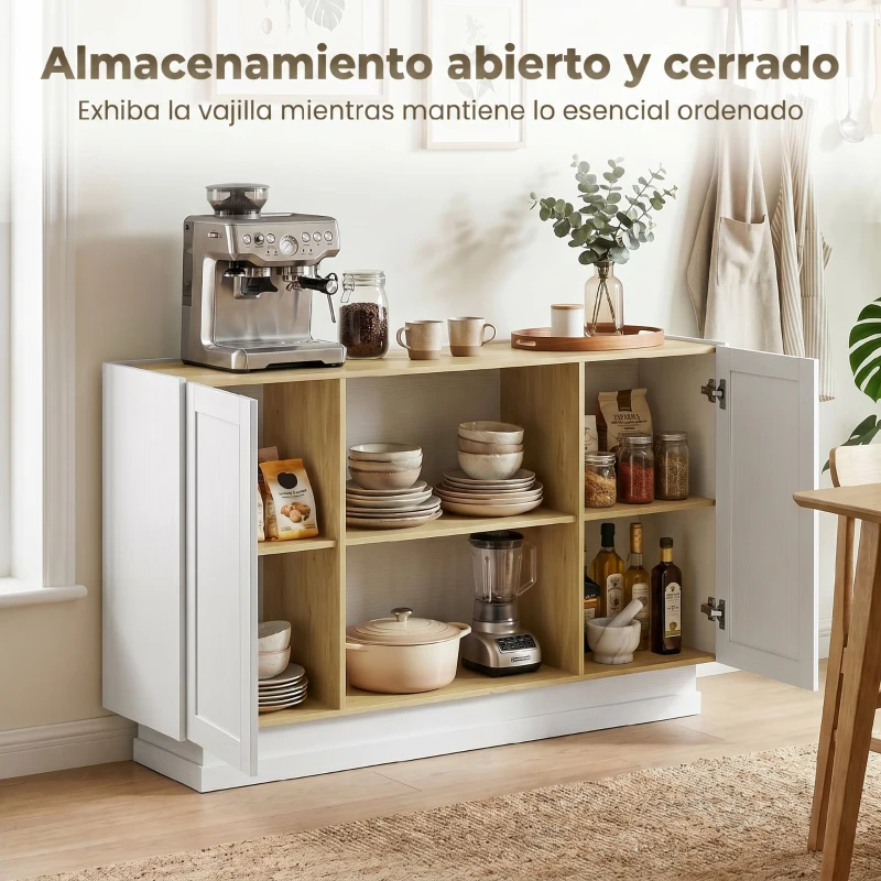 HOMCOM Aparador Moderno con 2 Estantes Abiertos y 2 Puertas de Cierre Suave para Comedor Salón 133x35x79,7 cm Natural y Blanco