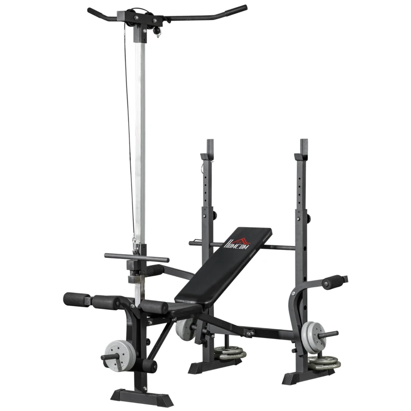HOMCOM Panca Fitness con Leg Press, Squat Rack e Leg Extension, in Acciaio e PU, 180x134x200 cm, Nero e Argento