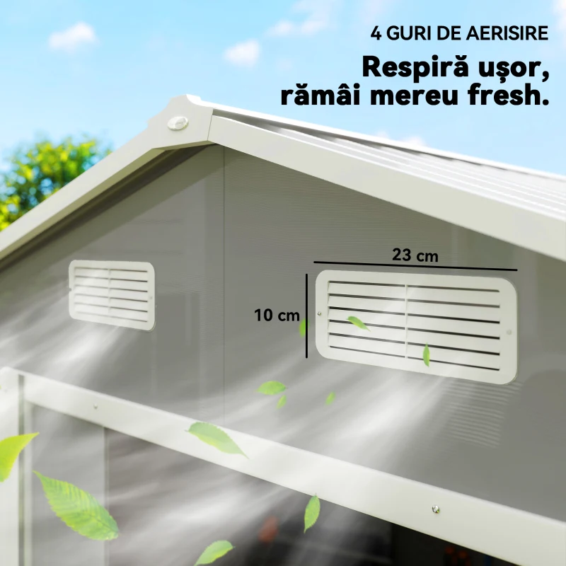 Outsunny Căsuță pentru Unelte cu Uși Glisante și 4 Grile de Ventilație, din Oțel și PP 196x236x208 cm, Gri Deschis