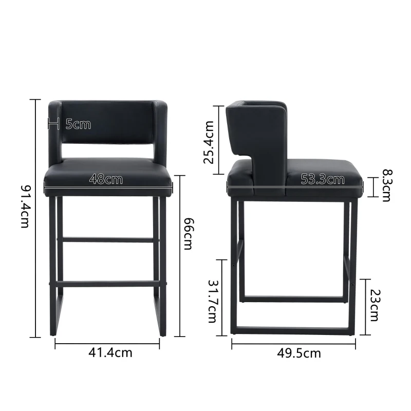 Lot de 2 tabourets de bar style nordique, structure métallique robuste avec pieds argentés, 48x53.3x91.4 cm, Noir