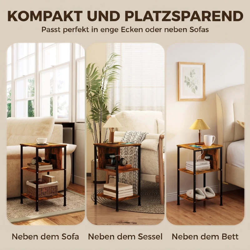 HOMCOM Bijzettafel met laadstation en 2 open planken, tijgerhoutlook