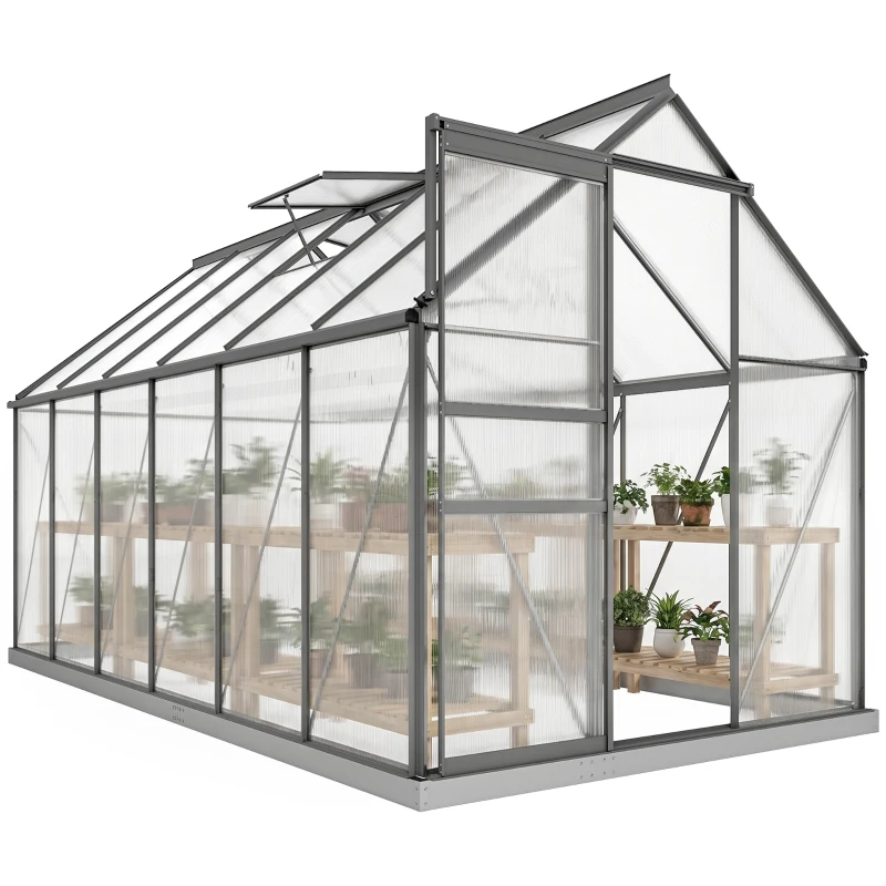 Outsunny Serre de jardin en aluminium polycarbonate avec fondation, serre avec fenêtre réglable porte coulissante 190x375x199cm
