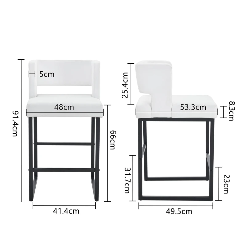 Lot de 2 tabourets de bar style nordique, structure métallique robuste avec pieds argentés, 48x53.3x91.4 cm, Blanc+Noir