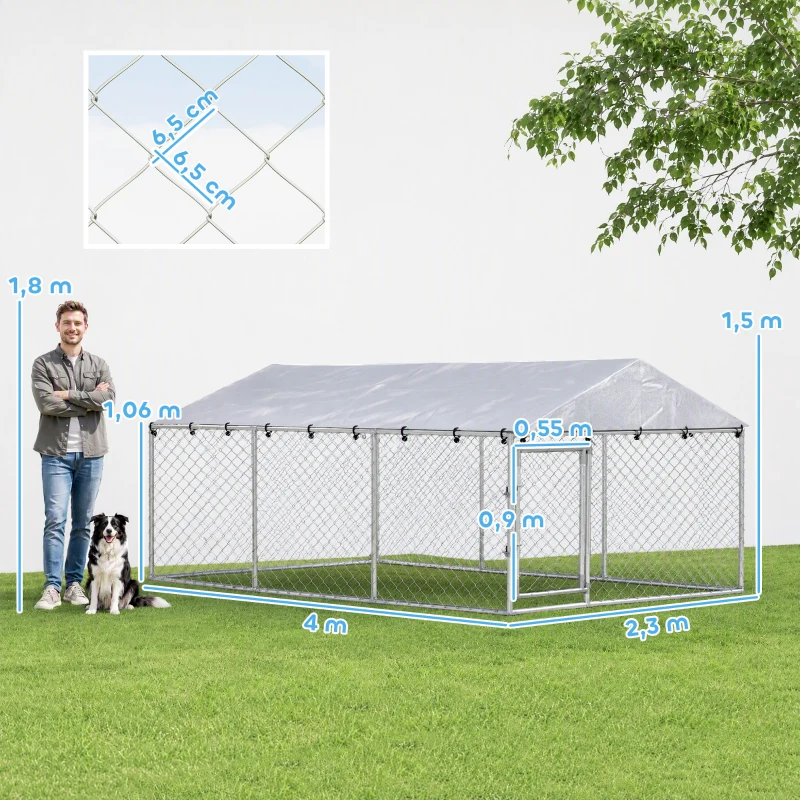 PawHut Recinto per Cani da Esterno con Rete Zincata e Serratura, in Acciaio e Tessuto Oxford, 4x2.3x1.5 m, Argento