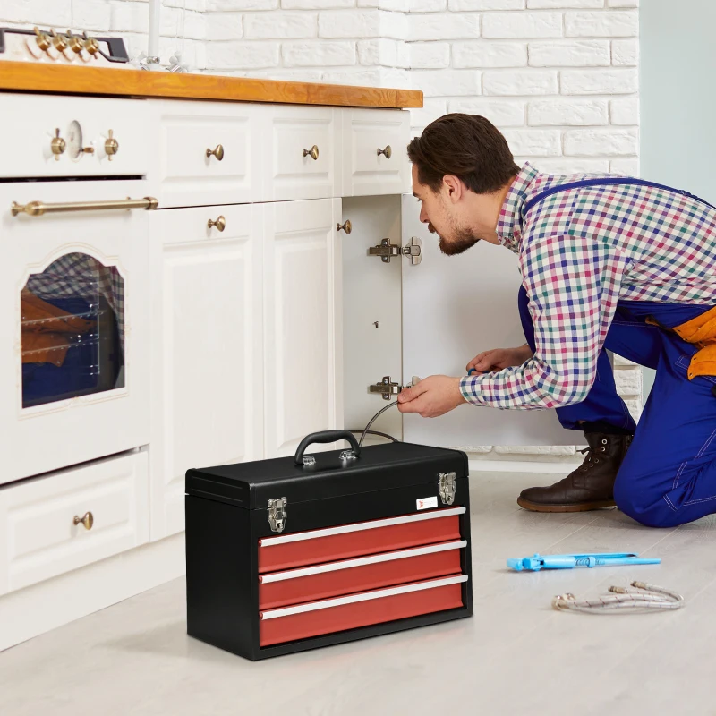 DURHAND Cassetta Porta Attrezzi in Acciaio con 3 Cassetti e Vassoio Superiore, 51x22x32 cm, Rosso e Nero