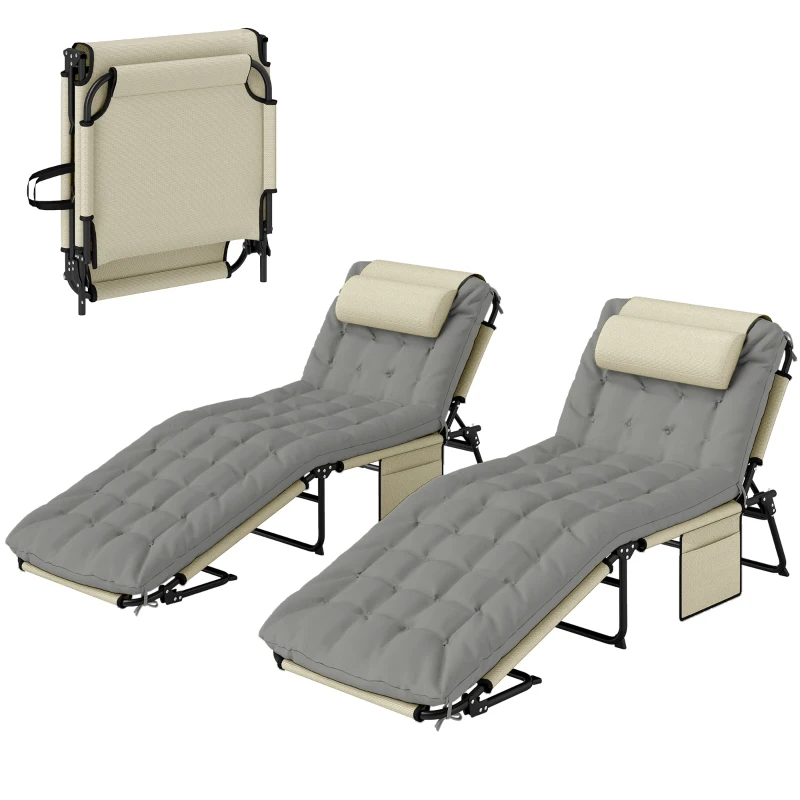 Outsunny Lot de 2 transats bains de soleil pliable avec dossier inclinable 4 positions - appui-tête et matelas épais crème