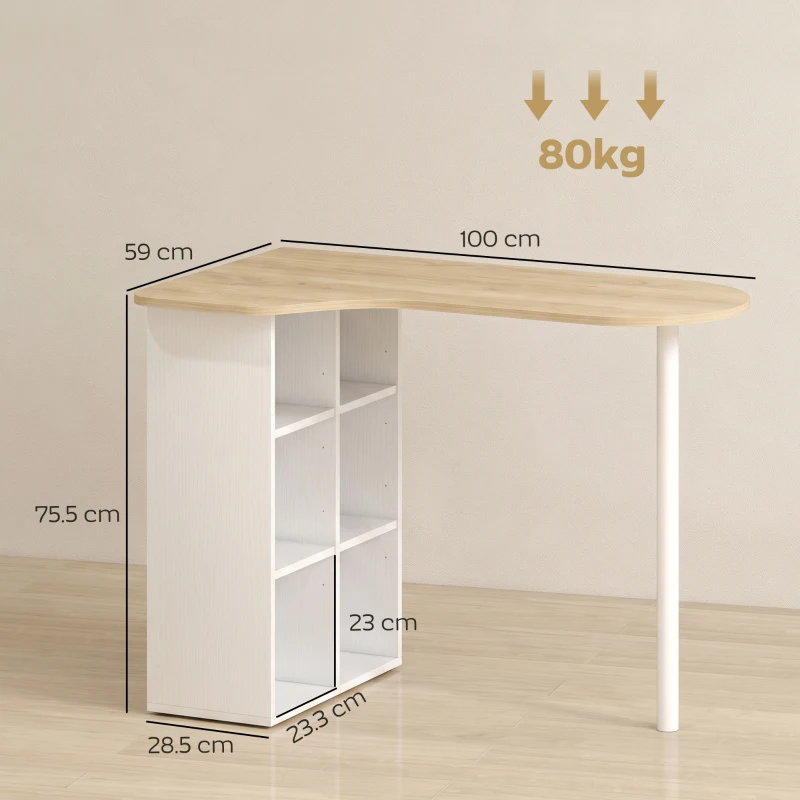 HOMCOM Birou neregulat 100 x 59 cm cu 6 compartimente, 4 rafturi reglabile și cadru din oțel, stejar