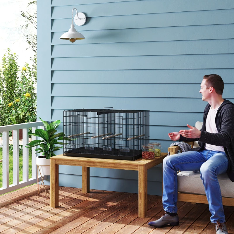 PawHut Jaula para Pájaros con Divisor 4 Comederos 4 Perchas Bandeja Extraíble para Loros Canarios Periquitos 76x46x46 cm Negro