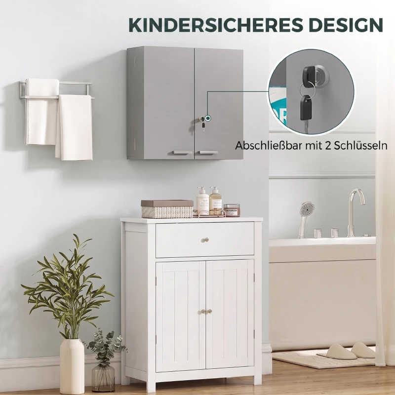 HOMCOM Wand-Medizinschrank mit Doppeltüren, Badezimmerschrank mit 4 Ablagen, abschließbar mit 2 Schlüsseln, Grau