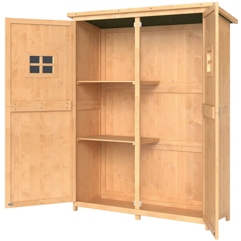 Outsunny Casetta da Giardino Legno con Porta Doppia, Mensole e Finestre, 127.5x50x164cm