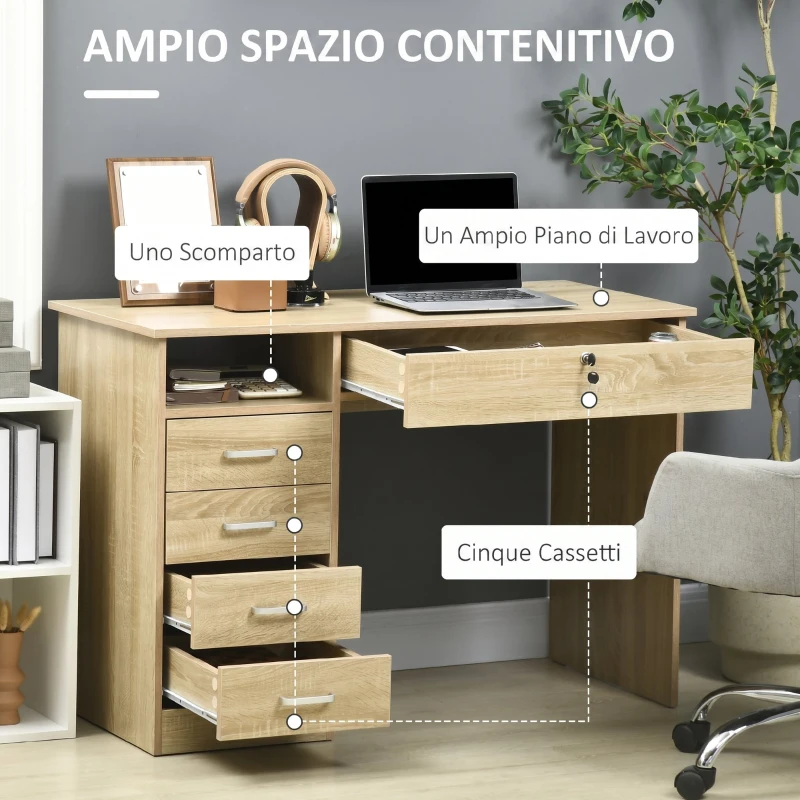 HOMCOM Scrivania per Camera o Ufficio in Legno con 2 Cassetti e 2 Chiavi, 110x50x76cm, Bianco
