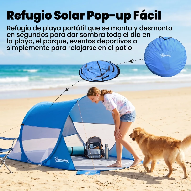 Outsunny Carpa de Playa Automático para 1-2 Personas con 1 Puerta 2 Ventanas y Bolsa de Transporte 200x120x90 cm Azul