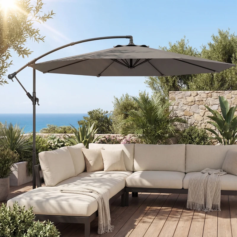 Outsunny Parasol Excéntrico Ø300 cm con Base Cruzada Toldo Ajustable y Manivela UPF30+ para Terraza Patio Gris