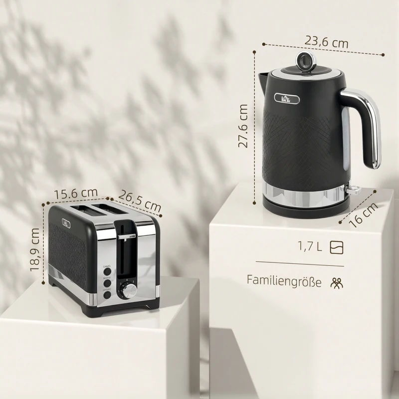 HOMCOM waterkoker- en broodroosterset, 1,7 l 2200 W snelkokende waterkoker met thermostaat, 2-sleufs broodrooster, grijs