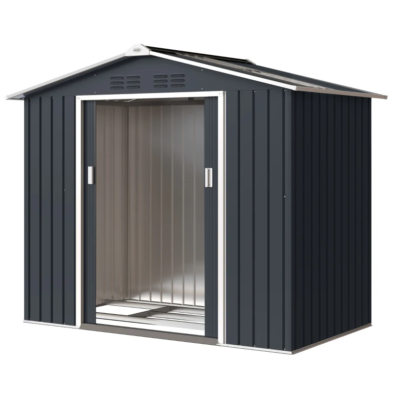 Căsuță din Metal 2,77 m² Outsunny 213 x 130 x 185 cm cu Fundație, Uși Glisante Gri Închis