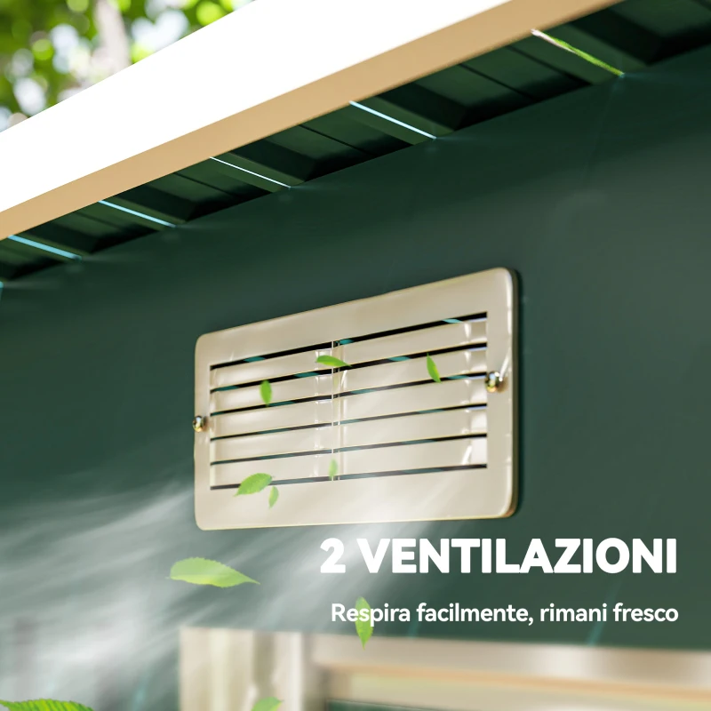 Outsunny Casetta da Giardino in Acciaio 272 x 134 cm con Porte Scorrevoli Doppie e 2 Prese d'Aria, Verde