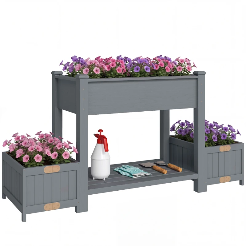 Outsunny Jardinieră Ridicată cu 2 Ghivece Laterale și Raft pentru Unelte, din Lemn de Brad, 149x46x76 cm, Gri