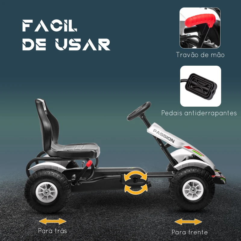 HOMCOM Kart a Pedais para Crianças com Assento Ajustável Pneus de Goma Travão de Mão para Crianças de 5-12 Anos 121x58x61 cm Branco