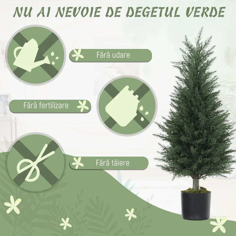 Outsunny Set 2 Plante Artificiale de Chiparos cu 362 Frunze și Ghiveci cu Ciment și Mușchi, Plante Rezistente la UV, Ø40x90 cm, Verde