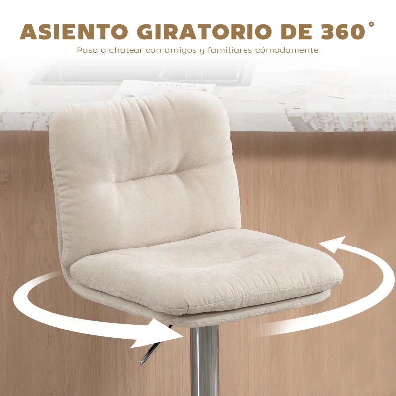 HOMCOM Juego de 2 Taburetes Altos de Cocina Giratorios Tapizados de Lino con Altura Ajustable Respaldo y Reposapiés Beige