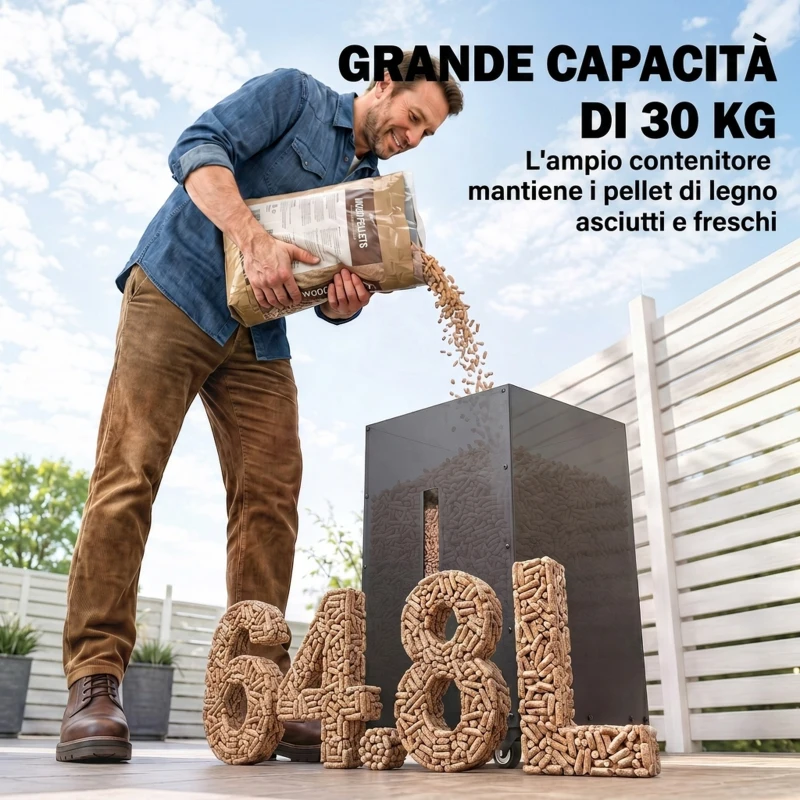 Outsunny Contenitore per Pellet 30kg con Coperchio in Acciaio, Ruote e Setaccio, Nero
