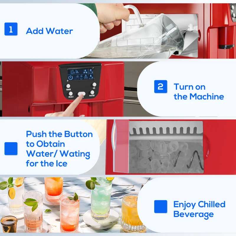 HOMCOM 3L Ice Maker Machine and Water Dispenser, 12kg in 24H, 2 Sizes 9 Ice Cubes Ready in 6-10 Mins Ice Machine, Red