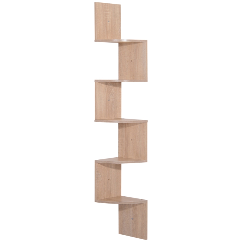 HOMCOM Étagère d'angle Murale de Rangement Forme Zigzag 20L x 20l x 126H cm 5 Niveaux Bois chêne Clair