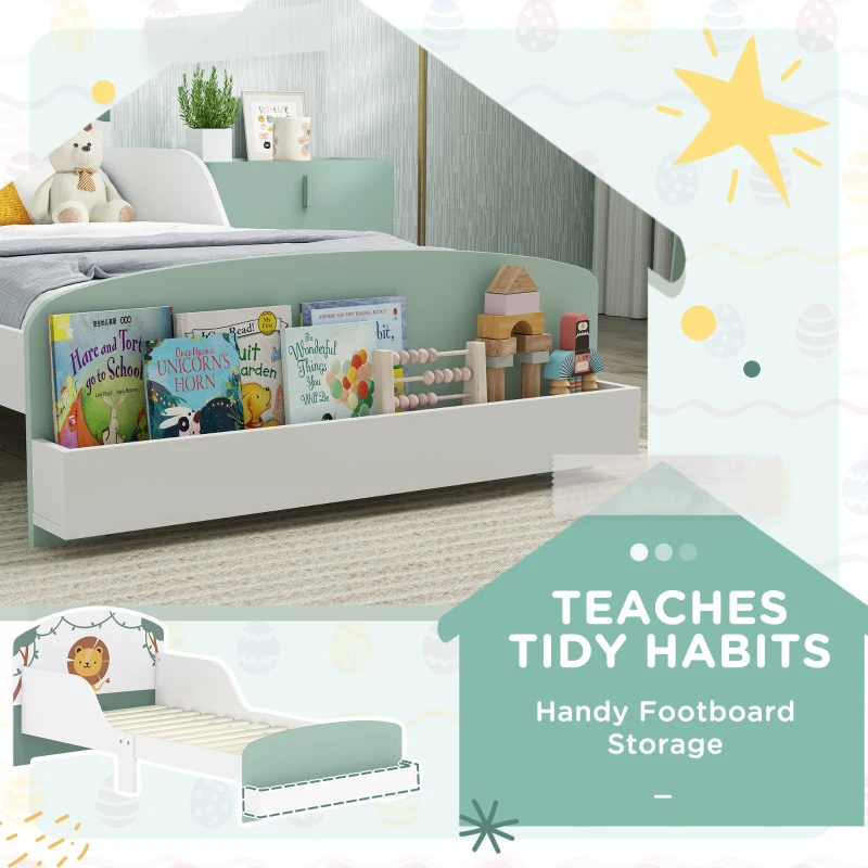 AIYAPLAY Toddler Bed with Storage, Guardrails, Lion Design, for Ages 3-8 Years, Fits 140 x 70cm Mattress, Green
