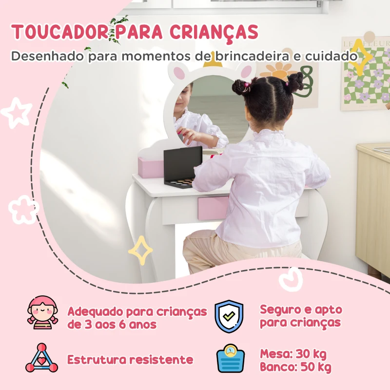 ZONEKIZ Toucador Infantil com Banco e Espelho Toucador de Maquilhagem com Gaveta Compartimentos Desenho de Unicórnio Branco