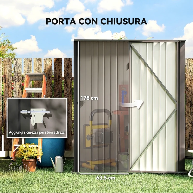 Outsunny Casetta da Giardino in Acciaio Porta Attrezzi con Catenaccio, 161.5x94.5x196cm, Grigio Chiaro