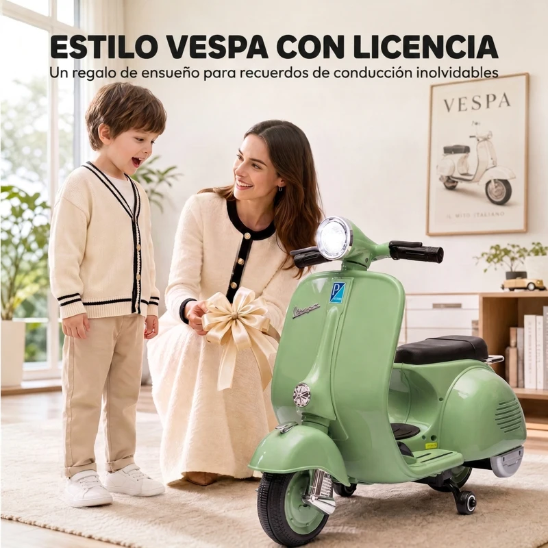 AIYAPLAY Moto Eléctrica para Niños Licencia VESPA Arranque Suave Ruedines Desmontables Luz Delantera Música, Bocina USB Verde