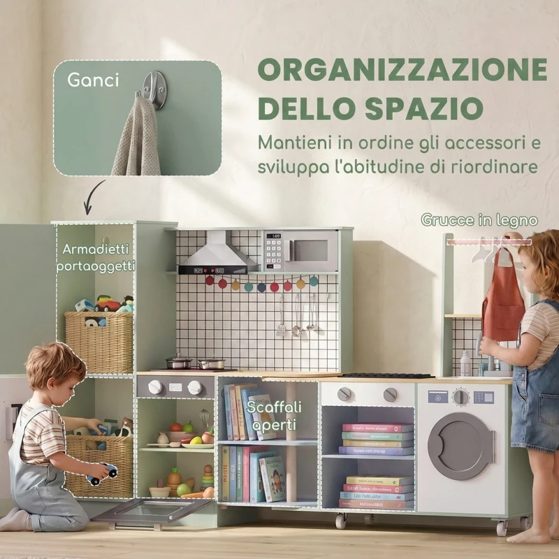 AIYAPLAY Cucina per Bambini 3-8 Anni con Piano Girevole, Fornelli, Luci e Suoni, Forno, Microonde, Verde Chiaro