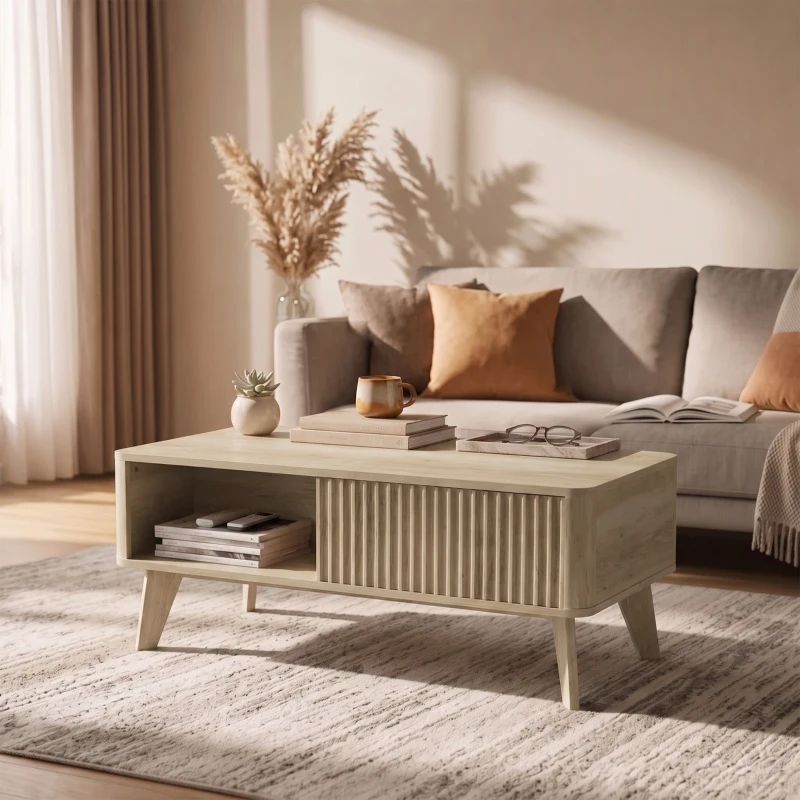 HOMCOM Mesa de centro elevable, compartimento oculto, 2 estantes abiertos, esquinas redondeadas, estilo mid-century, 100x48x41cm, Roble