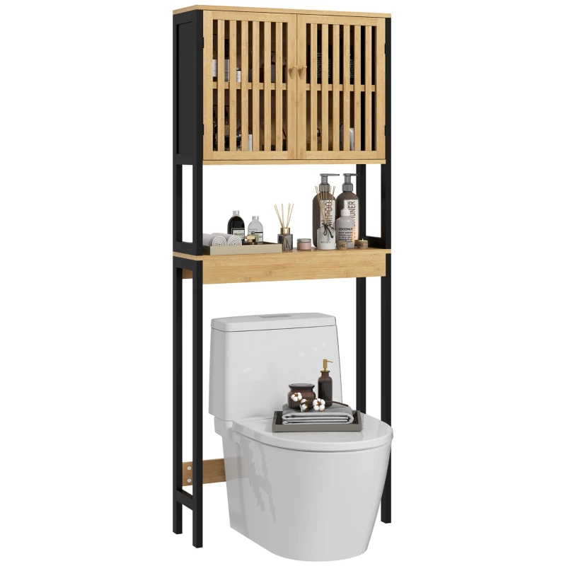 HOMCOM Mobilă deasupra WC-ului cu dulap 2 uși cu șipci și raft deschis, 60x21,5x172cm, culoare lemn