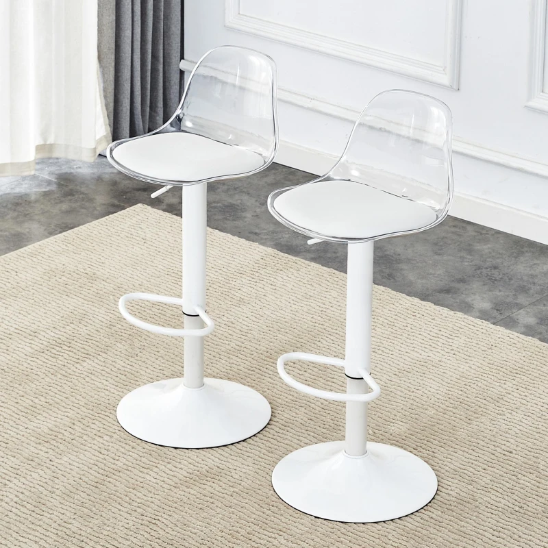 Lot de 2 tabourets de bar réglables, dossier ergonomique transparent, assise pivotante 360°, 40,5x39x82-104 cm, Blanc
