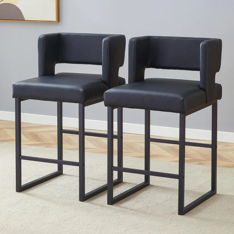 Lot de 2 tabourets de bar style nordique, structure métallique robuste avec pieds argentés, 48x53.3x91.4 cm, Noir