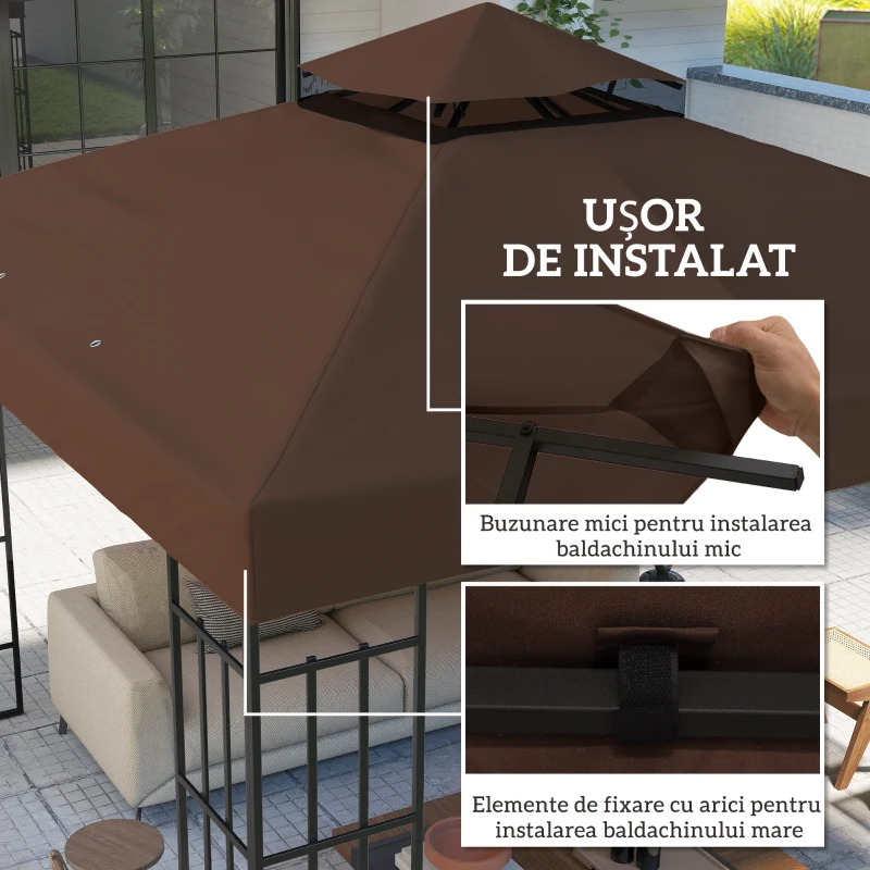 Outsunny Acoperiș de Schimb pentru Foișor 3x3 m cu 2 Niveluri pentru Grădină, Pânză Rezistentă la Apă din Țesătură Oxford 370g/㎡ Anti-UV 30+ cu Orificii de Drenaj, Cafea